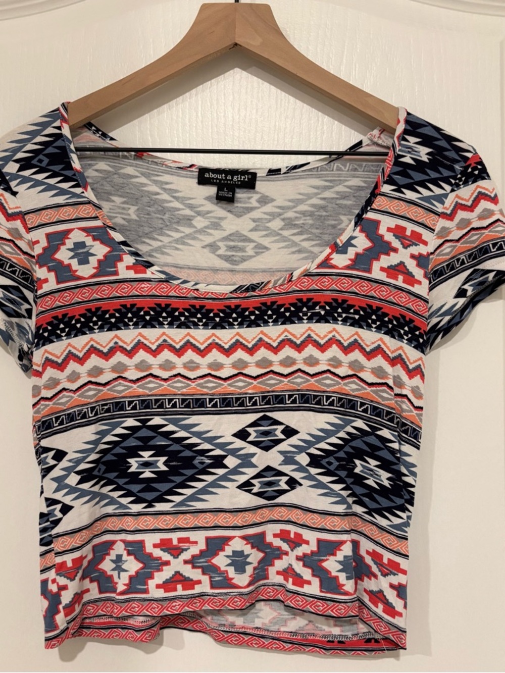 About A Girl Aztec Scoop Neck Crop Top in Navy, Red, White